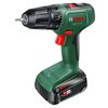 Na zdjęciu znajduje się zielono-czarna wiertarko-wkrętarka z czerwonymi elementami, z widocznym logo "BOSCH" oraz napisem "EasyDrill 18V-38". Na akumulatorze widnieje napis "ALL 18V ALLIANCE".