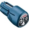 Niebieski adapter z logo "BOSCH" na okrągłej naklejce, zawierającej piktogramy i napis "4 x AA". Adapter ma cylindryczny kształt z widocznymi detalami konstrukcyjnymi.