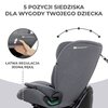Fotelik samochodowy w kolorze szarym z logo Kinderkraft, z widocznym mechanizmem regulacji siedzenia jedną ręką. Tekst na zdjęciu: "5 pozycji siedziska dla wygody twojego dziecka" oraz "Łatwa regulacja jedną ręką".