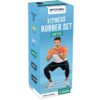 Niebieskie opakowanie zestawu gum do ćwiczeń z napisem "SPOKEY LIVE WITH PASSION" oraz "FITNESS RUBBER SET ARTIO". Widoczne są różne poziomy oporu gum: X-LIGHT 3,7 kg, LIGHT 5,7 kg, MEDIUM 7,4 kg, HEAVY 10,2 kg, X-HEAVY 16,3 kg, a także zdjęcie osoby w po