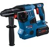 Na zdjęciu znajduje się niebieski młot udarowo-obrotowy z czarnymi i czerwonymi elementami, z widocznym logo "Boschhammer" oraz napisami "BOSCH Professional GBH 18V-28 C", "BRUSHLESS", "8.0", "ProCORE 18V". Urządzenie posiada uchwyt z boku oraz akumulator