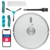 Na zdjęciu znajduje się robot sprzątający z napisem "concept PerfectClean" oraz akcesoria takie jak szczotki, filtr, szczoteczka do czyszczenia i smartfon z aplikacją wyświetlającą logo "concept".