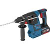 Na zdjęciu znajduje się niebiesko-czarny młotowiertarka Bosch z czerwonymi akcentami, z widocznym logo "BOSCH" oraz napisami "Boschhammer", "Professional", "18V", "4.0Ah" i "Li-Ion". Urządzenie posiada uchwyt z czarną, gumowaną rękojeścią oraz zamontowane