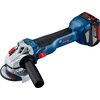 Na zdjęciu znajduje się niebieska szlifierka kątowa z czarnym uchwytem i czerwonymi elementami, z widocznym logo "BOSCH Professional" oraz oznaczeniem "18V". Na akumulatorze widnieje napis "18V 4.0Ah".
