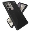 Czarne etui na telefon z wyraźnym, teksturowanym wzorem, widoczne z dwóch perspektyw. Na etui znajduje się logo producenta w postaci stylizowanego symbolu.