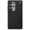 Czarne etui na telefon z wyraźnym, teksturowanym wzorem w kształcie litery "V" na powierzchni. W górnej części etui widoczne jest logo w postaci stylizowanej gwiazdki w okręgu.