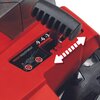 Czerwony panel z czarnym uchwytem i mechanizmem regulacji wysokości, oznaczony jako "HEIGHT ADJUSTMENT". Widoczne są liczby -9, -6, -3 oraz ilustracja z czerwonymi kołami i białą strzałką wskazującą kierunek regulacji.