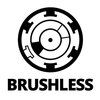 Czarno-białe logo przedstawia stylizowany, okrągły symbol przypominający wirnik silnika. Pod symbolem znajduje się napis "BRUSHLESS" dużymi, pogrubionymi literami.