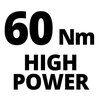 Na zdjęciu widoczny jest tekst w kolorze czarnym na białym tle: "60 Nm HIGH POWER". Tekst jest napisany dużymi, pogrubionymi literami.
