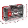 Przezroczysta plastikowa walizka z czerwonymi elementami zawiera zestaw wierteł i bitów. Na walizce widoczne jest logo "Einhell", a wymiary to 17,5 cm na 10,8 cm na 4,5 cm.