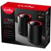 Czarne opakowanie z czerwonymi i białymi napisami zawiera dwa cylindryczne urządzenia z czerwonymi akcentami na górze. Widoczny tekst: "cudy", "AX3000 Whole-Home Wi-Fi 6 Mesh System with 2.5G Port", "Cover up to 400 m²", "Super-Fast AX3000 Wi-Fi 6", "Mode