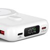 Biały powerbank z wyświetlaczem pokazującym "100%" oraz symbol ładowania, posiada porty USB i USB-C z oznaczeniami: "iPh wejście 5V=2A/9V=2A", "Type-c wejście: 5V=3A/9V=2A/12V=1.5A", "Type-c wyjście: 5V=2A/9V=2.22A/12V=1.5A". Produkt ma zaokrąglone krawęd