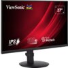 Monitor z czarną ramką i okrągłą podstawą, na ekranie widoczne logo "ViewSonic" oraz kolorowe ptaki, a także napisy: "IPS SuperClear", "100 Hz", "Eye ProTech" i "27"". Tło ekranu jest czerwone z dynamicznymi, falistymi wzorami.