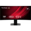 Na zdjęciu widoczny jest zakrzywiony monitor marki ViewSonic z ekranem o przekątnej 34 cale, na którym wyświetlane są informacje: "1500R Curved", "USB-C", "Docking" oraz "34"". Tło ekranu jest czerwone z białymi napisami, a logo ViewSonic znajduje się w lewym górnym rogu.