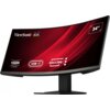 Zakrwiony monitor ViewSonic z zakrzywionym ekranem, na którym widoczne są napisy: "ViewSonic", "1500R Curved", "USB-C", "Docking" oraz "34"". Tło ekranu jest czerwone z dynamicznymi liniami.