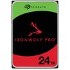 Na zdjęciu widoczny jest dysk twardy z logo "SEAGATE" na zielonym tle, poniżej znajduje się czarny obszar z czerwonym logo wilka i napisem "IRONWOLF PRO", a na dole czerwony pasek z oznaczeniem pojemności "24TB".