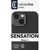 Na zdjęciu widoczne jest czarne etui na telefon z wycięciem na aparat, a w tle znajduje się logo "cellularline protect". Na etui umieszczono napisy: "SENSATION", "Designed for: iPhone 13", oraz oznaczenia "Protected with: MICROBAN ANTIBACTERIAL TECHNOLOGY