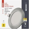 Na zdjęciu znajduje się opakowanie produktu z napisem "EMOS LED PANEL SILVER FRAME with CCT switch" oraz parametrami: "480 lm, IP40/IP20, 110°, 7 W". Widoczny jest również okrągły panel LED z srebrną ramką, a na dole opakowania znajduje się informacja o 3