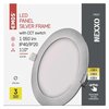 Na zdjęciu znajduje się opakowanie produktu "Oczko stropowe LED EMOS Nexxo ZD1233 Srebrny". Widoczne napisy to: "EMOS", "LED PANEL SILVER FRAME", "with CCT switch", "1 050 lm", "IP40/IP20", "110°", "12.5 W", "170 mm", "3 YEARS WARRANTY", "PROFI", "NEXXO",