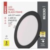 Oprawa stropowa LED EMOS Nexxo ZD1343 Czarny jest przedstawiona na tle opakowania z napisem "EMOS LED PANEL BLACK FRAME with CCT switch", oferująca 1600 lm, IP40/IP20, kąt świecenia 110°, moc 18 W, średnica 225 mm, z możliwością wyboru temperatury barwowe