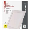 Opakowanie produktu z napisem "EMOS LED PANEL WHITE FRAME" oraz "NEXXO" zawiera informacje: 1050 lm, IP40/IP20, 110°, 12.5 W, 170 x 170 mm, 3 YEARS WARRANTY, NEUTRAL WHITE. Widoczna jest biała oprawa stropowa LED.