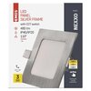 Oprawa stropowa LED EMOS Nexxo ZD2223 Srebrny jest przedstawiona na tle opakowania z napisami: "EMOS LED PANEL SILVER FRAME with CCT switch, 480 lm, IP40/IP20, 110°, 7 W", oraz informacjami o wymiarach 120 x 120 mm i 3-letniej gwarancji. Widoczne są także