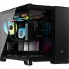 Czarna obudowa komputerowa z przezroczystym panelem bocznym, ukazująca wnętrze z podświetleniem RGB i komponentami, w tym kartą graficzną z napisem "GEFORCE RTX" oraz chłodzeniem wodnym z wyświetlaczem pokazującym liczbę "42". Na obudowie widoczne jest lo