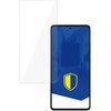 Na zdjęciu widoczne jest szkło hartowane obok smartfona z niebieskim ekranem, na którym znajduje się żółta tarcza. Produkt to "Szkło hartowane 3MK HardGlass do Xiomi Redmi Note 12 4G".