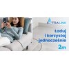 Na zdjęciu widać osobę leżącą na kanapie, trzymającą telefon podłączony do czarnego kabla USB-C - Lightning. Obok znajduje się tekst: "EXTRALINK", "Ładuj i korzystaj jednocześnie 2m".