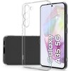 Przezroczyste etui TECH-PROTECT Airflex do Samsung Galaxy A35 5G jest przedstawione na tle telefonu z kolorowym ekranem. Na ekranie widoczny jest tekst: "Galaxy A35 5G".