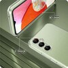 Przezroczyste etui TECH-PROTECT Airflex do Samsung Galaxy A35 5G jest pokazane na tle zielonej powierzchni, z widocznymi trzema aparatami telefonu. Na zdjęciu znajdują się oznaczenia grubości etui: "1.0mm" przy ekranie oraz "2.0mm" przy aparatach.