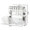 Na zdjęciu znajduje się owerlok z widocznym logo "JANOME" na górze, z oznaczeniami "AirThread 2000D" oraz "Air threading system PROFESSIONAL" na dolnej części obudowy. Wymiary urządzenia to 35 cm szerokości, 30 cm głębokości i 28 cm wysokości.