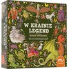 Na zdjęciu znajduje się pudełko gry planszowej ozdobione ilustracjami postaci z baśni i legend, w tym smoków, czarownic i innych fantastycznych stworzeń. Na środku widnieje tekst: "W KRAINIE LEGEND, narysowała Nikola Kucharska, gra na spostrzegawczość", a