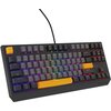 Czarna klawiatura mechaniczna z podświetleniem RGB, posiadająca klawisze w różnych kolorach, w tym żółte klawisze "Esc" i "Spacja". Na obudowie widoczne jest logo "Genesis".
