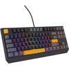 Czarna klawiatura mechaniczna z podświetleniem RGB, posiadająca klawisze w różnych kolorach, w tym żółty klawisz "Esc" i "Spacja". Na obudowie widoczne jest logo "Genesis".