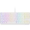 Biała klawiatura mechaniczna z podświetleniem RGB, posiadająca klawisze funkcyjne od F1 do F12 oraz standardowy układ QWERTY. Na dolnej części klawiatury widoczne jest logo "GENESIS".