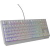 Biała klawiatura mechaniczna z podświetleniem RGB, posiadająca klawisze z oznaczeniami liter, cyfr i funkcji, takich jak "Esc", "Tab", "Caps Lock", "Shift", "Ctrl", "Alt", "Enter" oraz klawisze funkcyjne od F1 do F12. Na obudowie widoczne jest logo "GENES