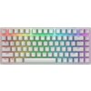Biała klawiatura z podświetleniem RGB, na której widoczne są klawisze z oznaczeniami liter, cyfr i funkcji, takimi jak ESC, F1-F12, TAB, CAPS, SHIFT, CTRL, ALT, oraz symbole strzałek. Każdy klawisz jest podświetlony w różnych kolorach, tworząc efekt tęczy