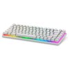 Biała klawiatura mechaniczna z podświetleniem RGB, z widocznymi klawiszami funkcyjnymi i literowymi. Podświetlenie klawiatury mieni się różnymi kolorami, w tym czerwonym, żółtym, zielonym, niebieskim i fioletowym.