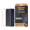 Przezroczyste etui na telefon jest pokazane obok opakowania z napisem "Panzer Glass™" oraz "HardCase made partially of plant-based material". Na opakowaniu widnieje również tekst: "This HardCase uses D3O® Bio, the world's most advanced plant-based protect