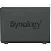 Czarny serwer plików z widocznym logo "Synology" na przedniej części obudowy. Obudowa ma prosty, minimalistyczny design z gładką powierzchnią.