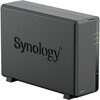 Czarny serwer plików z widocznym logo "Synology" na boku obudowy oraz oznaczeniami "STATUS", "LAN", "DISK" z zielonymi diodami. Na dolnej części obudowy znajduje się oznaczenie modelu "DS124".
