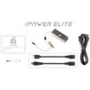 Na zdjęciu znajduje się zasilacz IFI AUDIO iPower Elite 5V z różnymi kablami i adapterami, a także karta gwarancyjna z napisem "ifi warranty". W górnej części zdjęcia widoczny jest napis "iPOWER ELITE".
