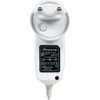 Biały zasilacz z dwoma bolcami, na którym znajduje się czarny panel z białym tekstem: "iPower X", "Model: iFi9V", "Input: AC 100-240V", "Output: 5V/1.2A", oraz kilka symboli certyfikacyjnych. Na obudowie widoczne są napisy "OPEN", "PUSH" i "LOCK".