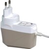 Zasilacz o białej i szarej obudowie z wtyczką elektryczną oraz etykietą z napisem "iPower X" i informacjami technicznymi. Kabel zasilający jest podłączony do urządzenia.