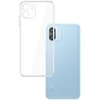 Przezroczyste etui na telefon jest pokazane obok niebieskiego smartfona z widocznym napisem "Redmi" na dolnej części obudowy. Etui ma wycięcia na aparat i przyciski boczne.