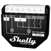 Czarny sterownik z białymi oznaczeniami i schematem połączeń, zawiera napisy: "N", "O1", "L", "O2", "SW1", "SW2", "AC 110-240V", "DC 24V". Na dole widoczne jest logo "Shelly Qubino".