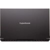Czarny laptop z zamkniętą pokrywą, na której widnieje logo "hyperbook". Na dolnej krawędzi widoczne są porty i otwory wentylacyjne.
