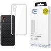Przezroczyste etui na telefon jest pokazane obok opakowania z logo "3mk" i oznaczeniem "Military Grade". Na opakowaniu widnieje napis "Clear Case" oraz "Premium back protection".