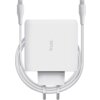 Biały zasilacz do laptopa z logo "Trust" na obudowie, z dołączonym kablem USB-C owiniętym wokół urządzenia. Zasilacz ma wtyczkę z dwoma metalowymi bolcami.
